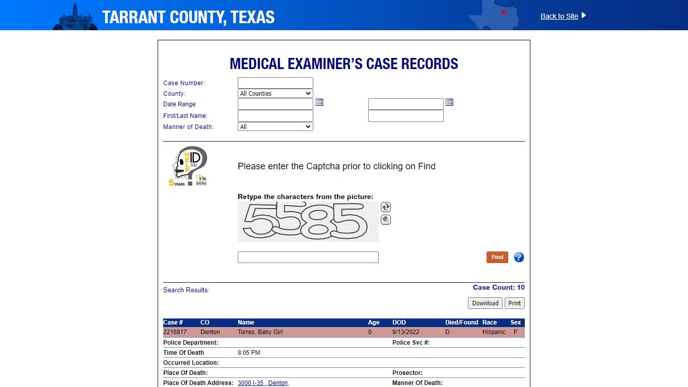 Medical Examiner’s Case Records - Tarrant County, Texas